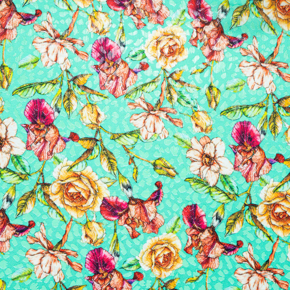 Wild Floral Printed Mint Green Silk Jacquard