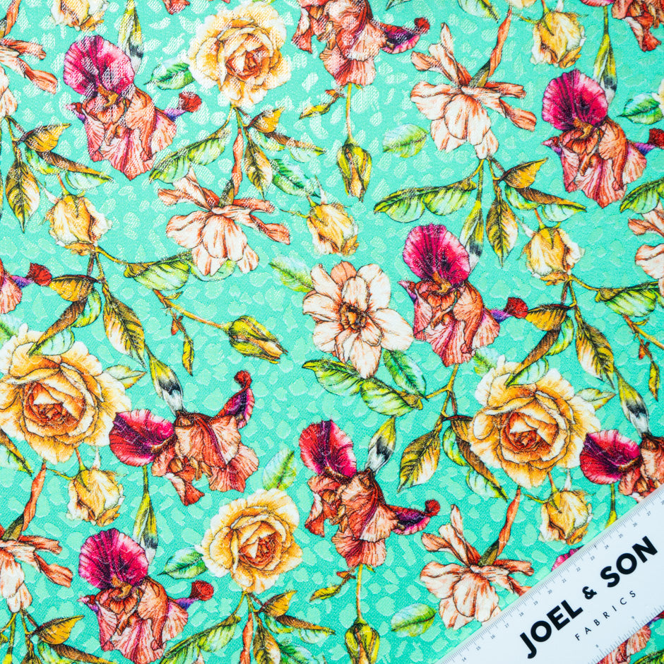 Wild Floral Printed Mint Green Silk Jacquard