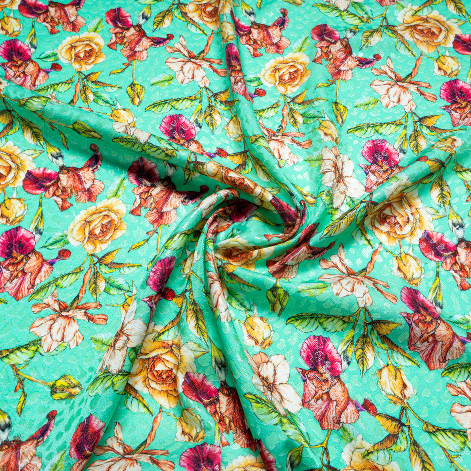 Wild Floral Printed Mint Green Silk Jacquard