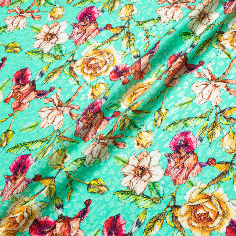 Wild Floral Printed Mint Green Silk Jacquard
