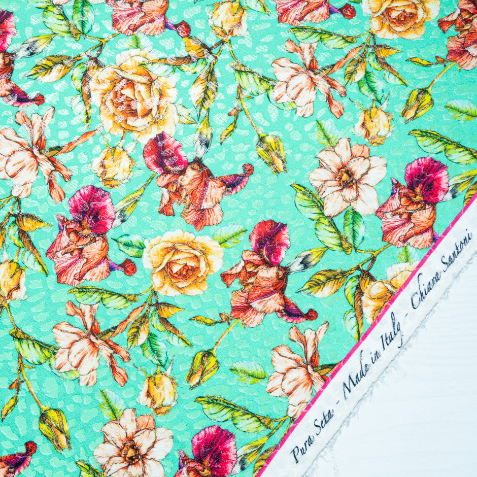 Wild Floral Printed Mint Green Silk Jacquard