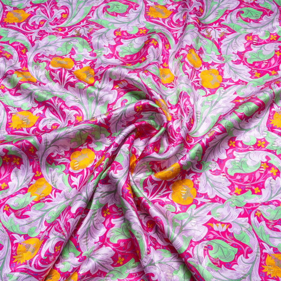 Floral Printed Bright Pink Silk Jacquard