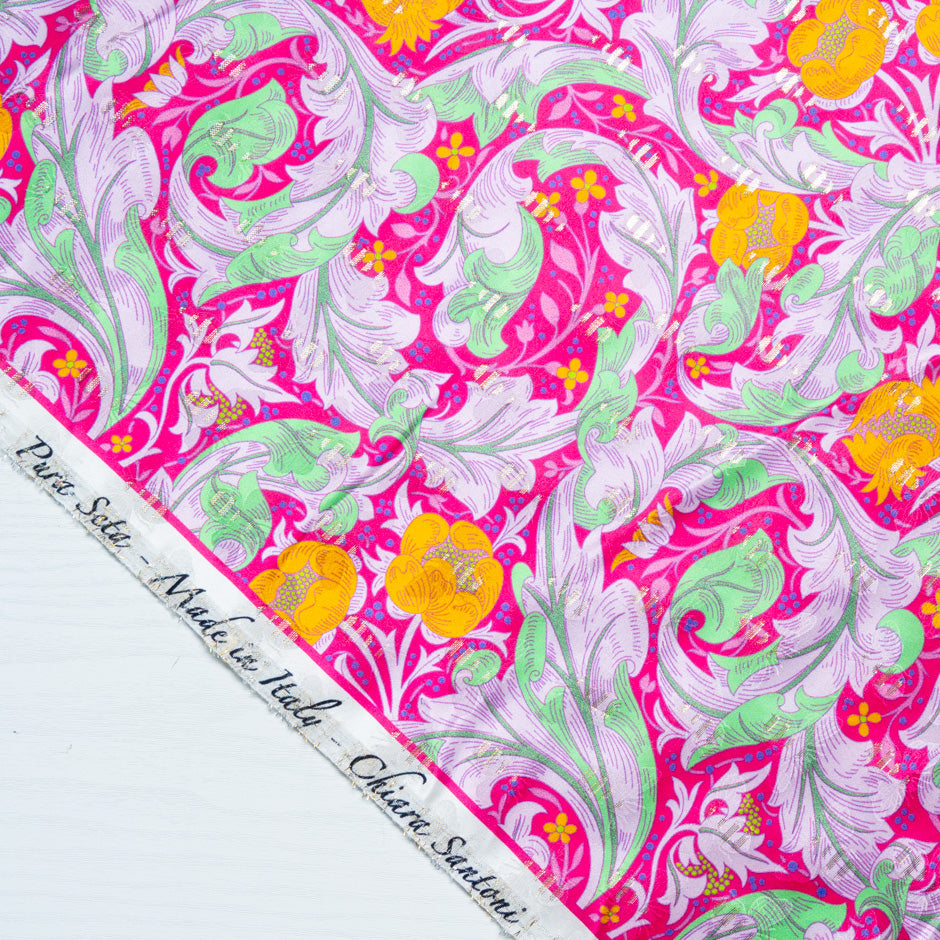 Floral Printed Bright Pink Silk Jacquard
