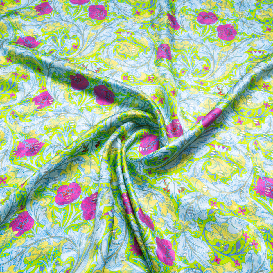 Fuchsia Printed Bright Green Silk Jacquard