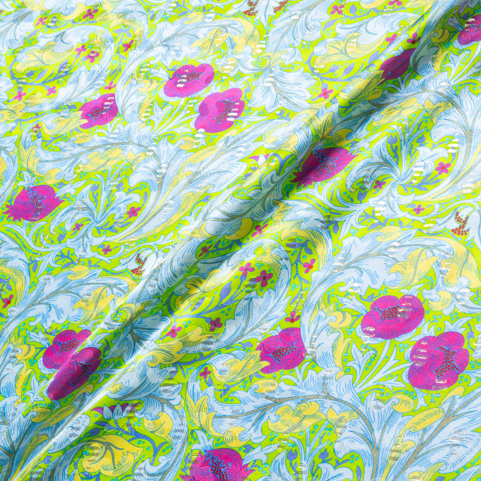Fuchsia Printed Bright Green Silk Jacquard