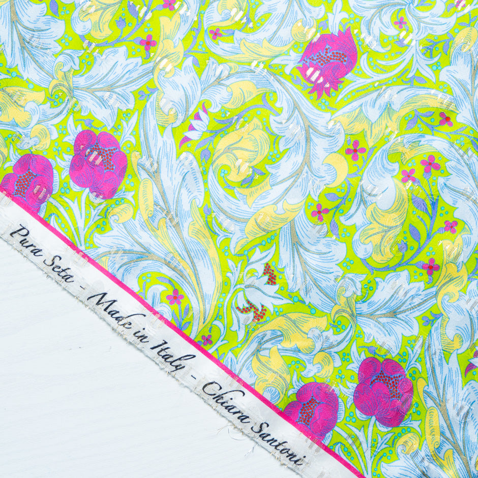 Fuchsia Printed Bright Green Silk Jacquard