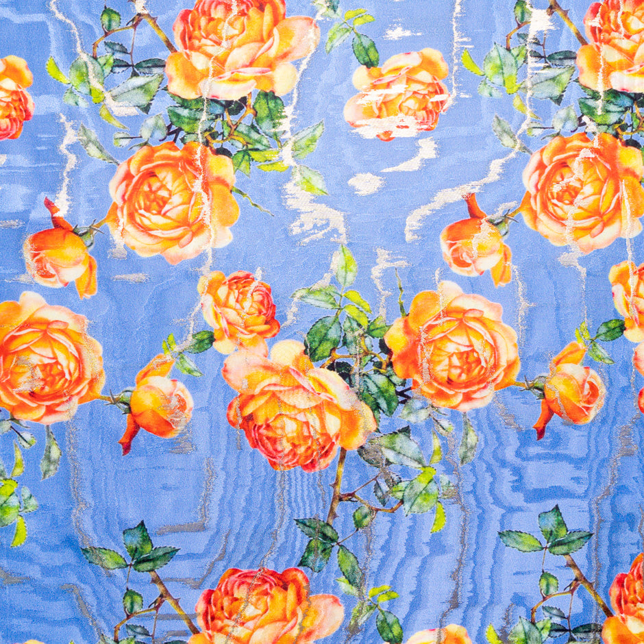 Orange Rose Printed Blue Silk Jacquard