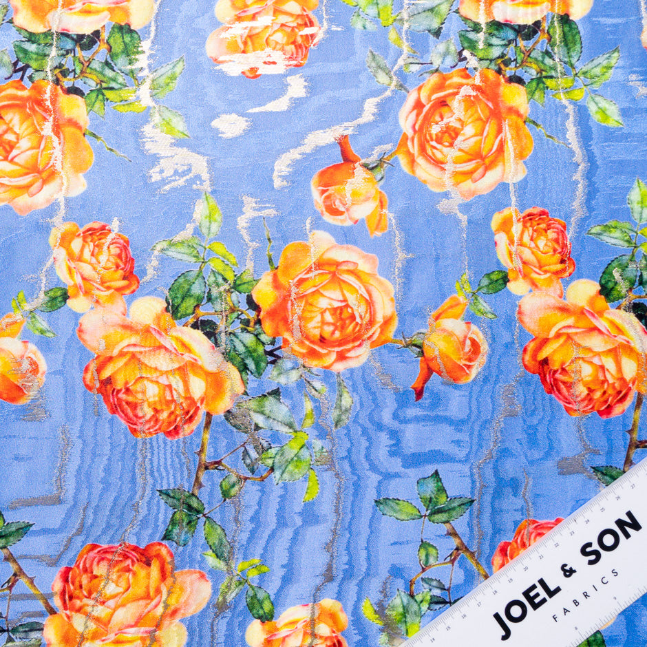 Orange Rose Printed Blue Silk Jacquard
