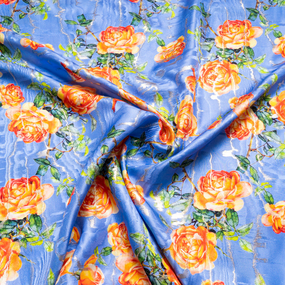 Orange Rose Printed Blue Silk Jacquard