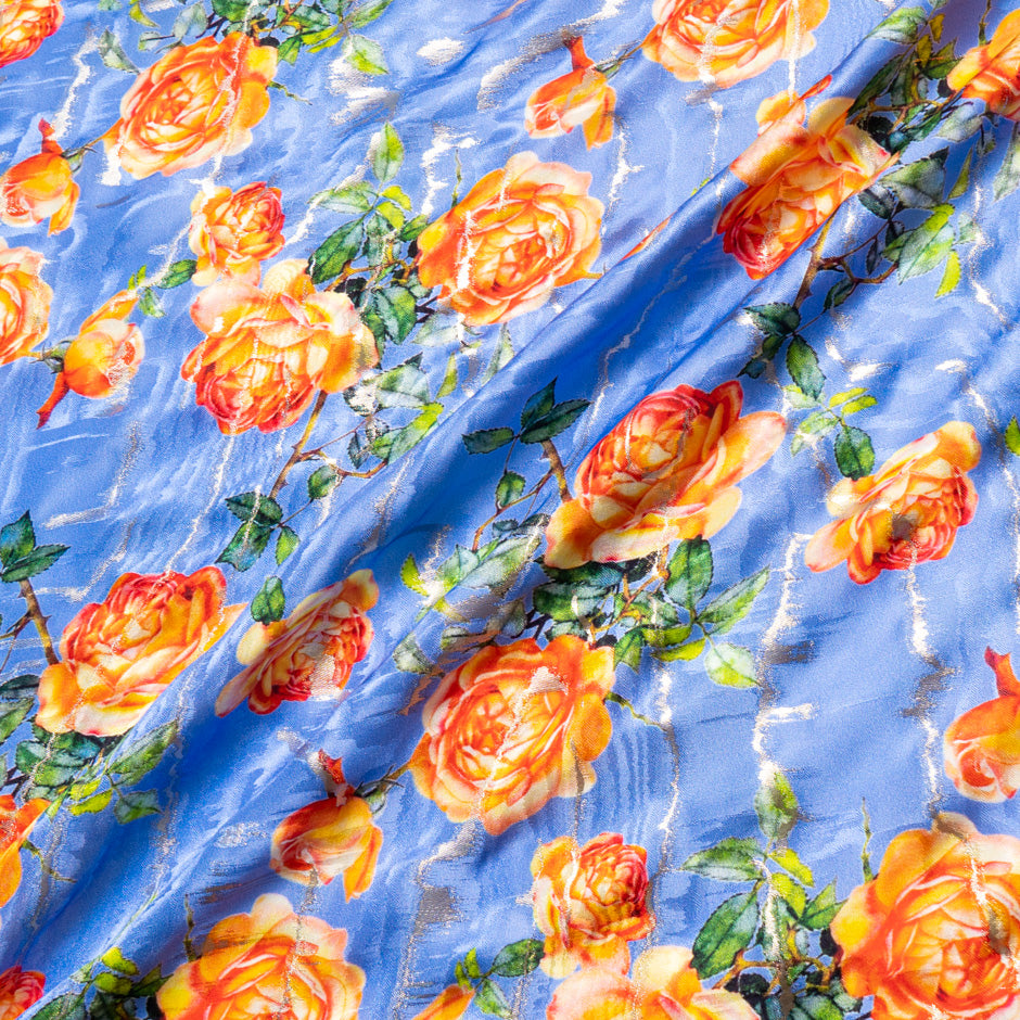Orange Rose Printed Blue Silk Jacquard