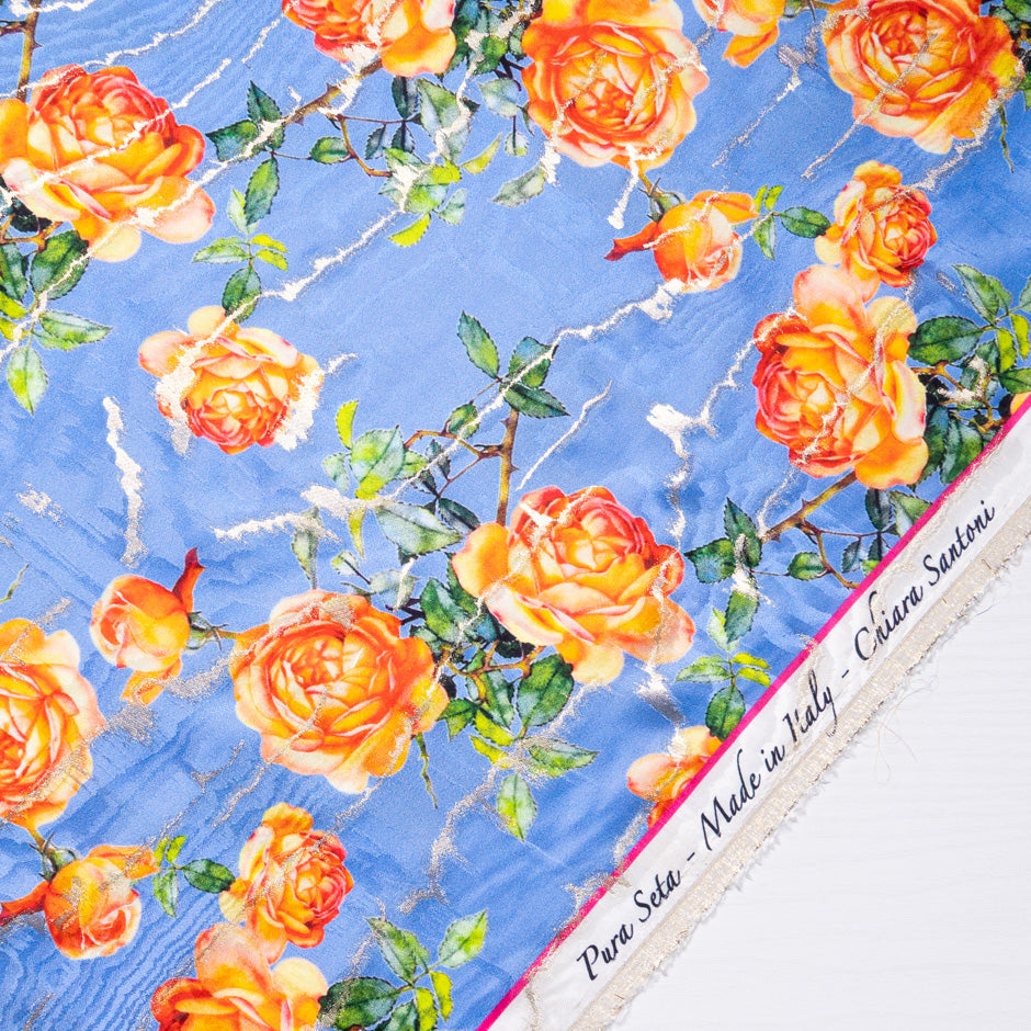 Orange Rose Printed Blue Silk Jacquard