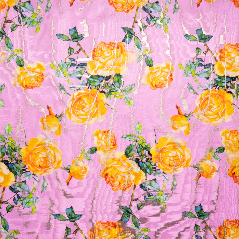 Soft Orange Rose Printed Pink Silk Jacquard