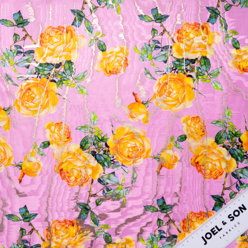 Soft Orange Rose Printed Pink Silk Jacquard