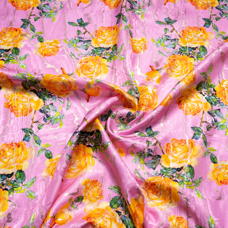 Soft Orange Rose Printed Pink Silk Jacquard