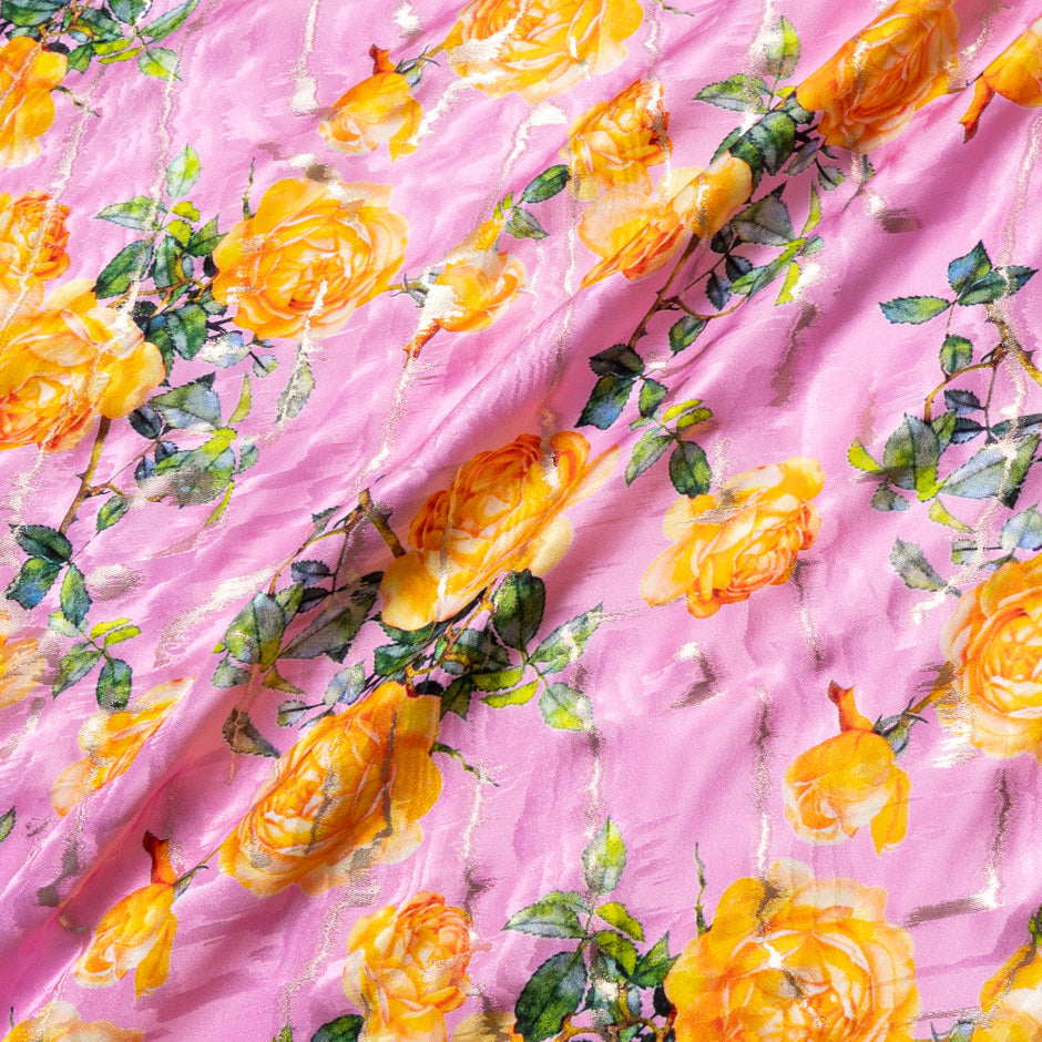 Soft Orange Rose Printed Pink Silk Jacquard