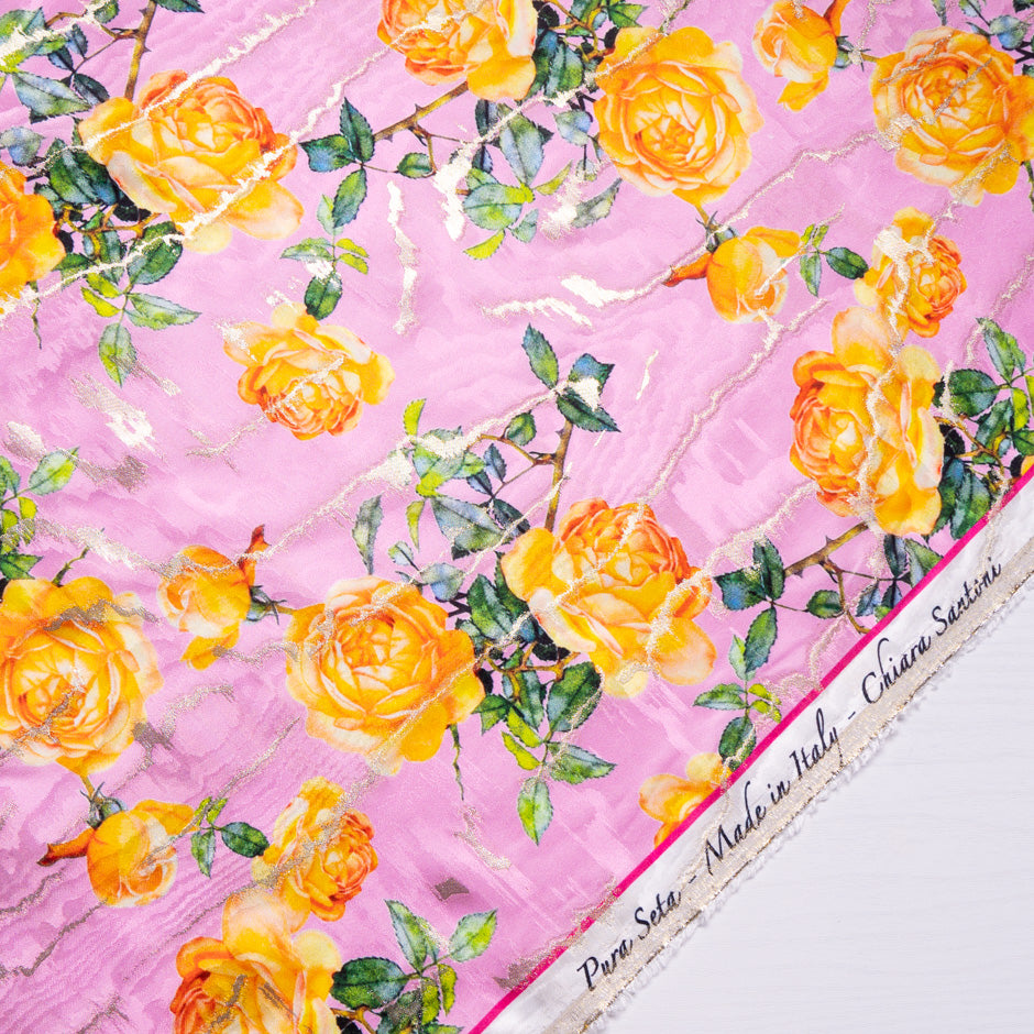 Soft Orange Rose Printed Pink Silk Jacquard