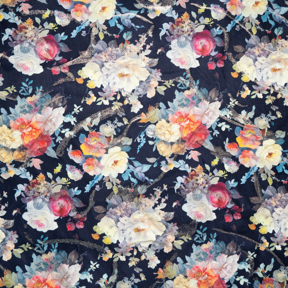 Multi Floral Printed Blue Silk Jacquard