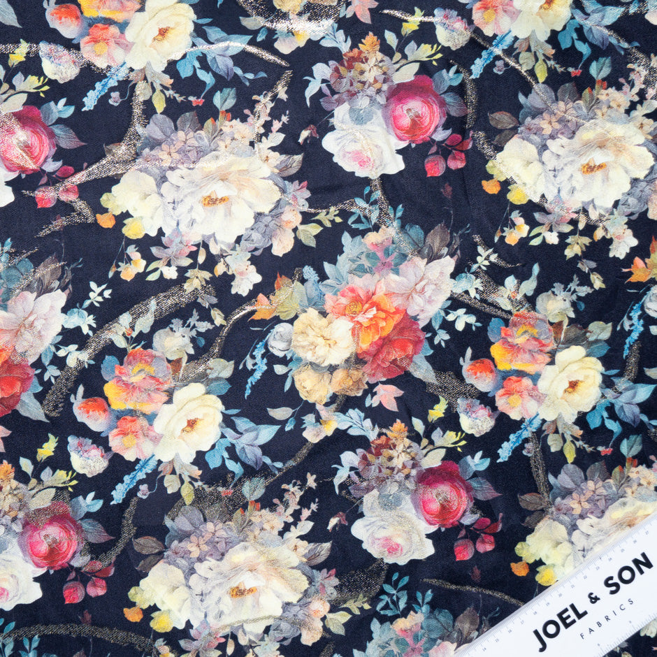 Multi Floral Printed Blue Silk Jacquard