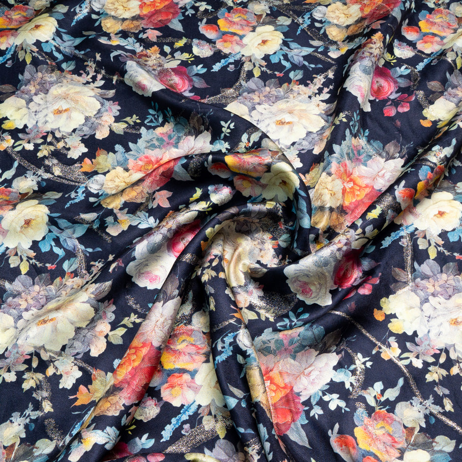 Multi Floral Printed Blue Silk Jacquard