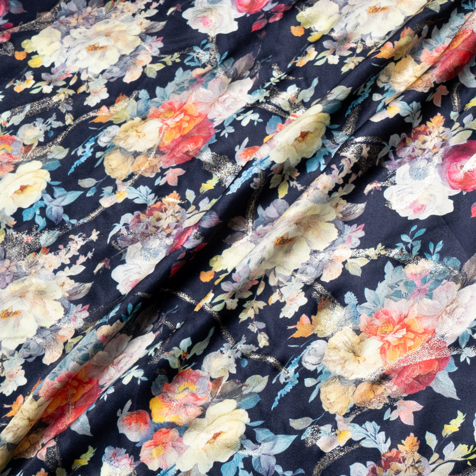 Multi Floral Printed Blue Silk Jacquard
