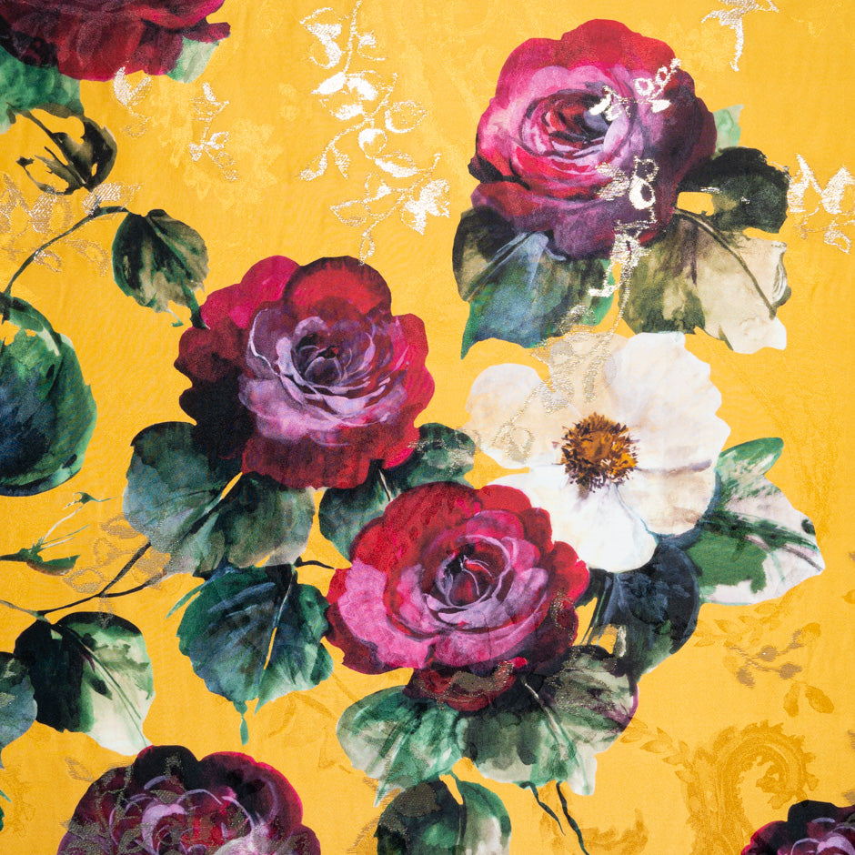 Rose Printed Deep Yellow Silk Jacquard