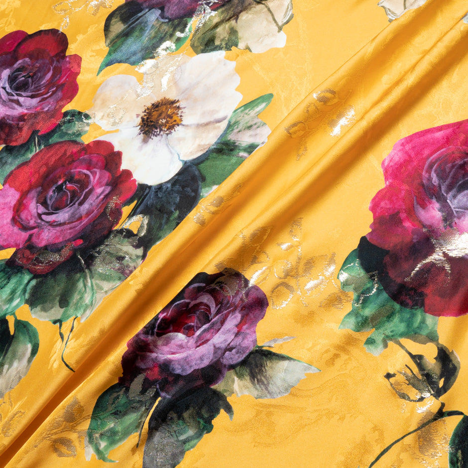 Rose Printed Deep Yellow Silk Jacquard