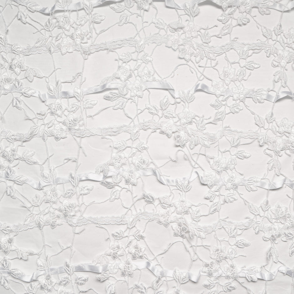 Ribbon & Floral Embroidered White Tulle