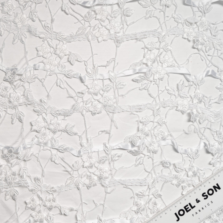 Ribbon & Floral Embroidered White Tulle