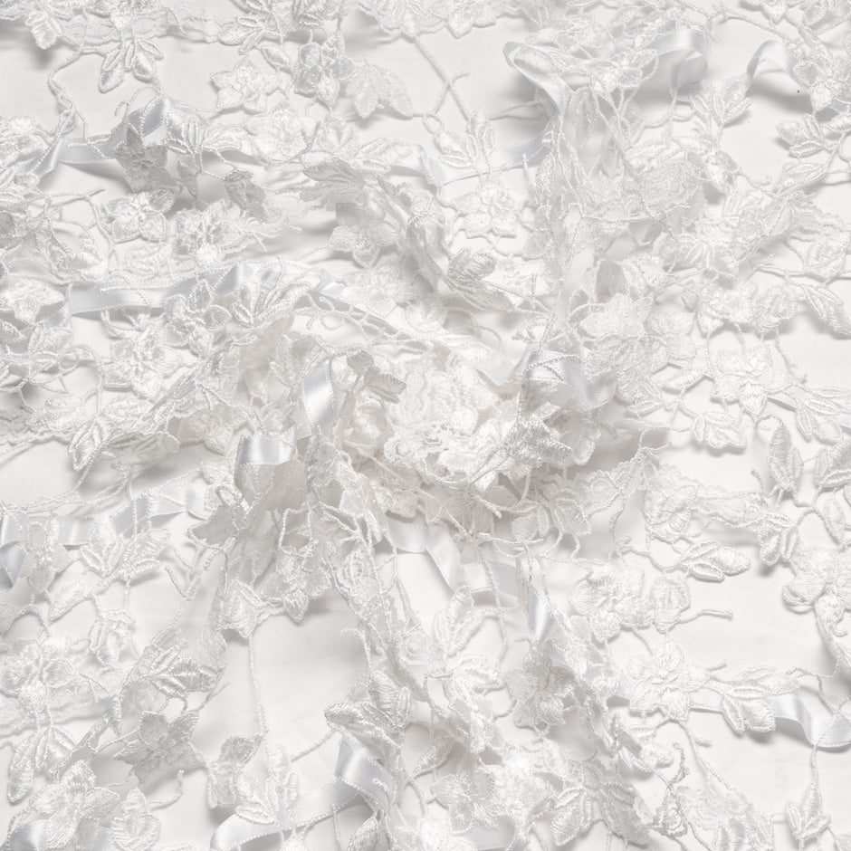 Ribbon & Floral Embroidered White Tulle