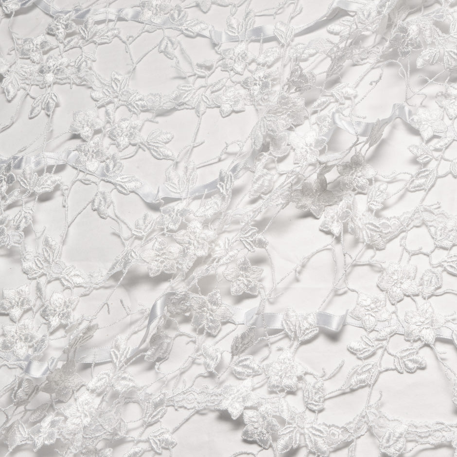 Ribbon & Floral Embroidered White Tulle