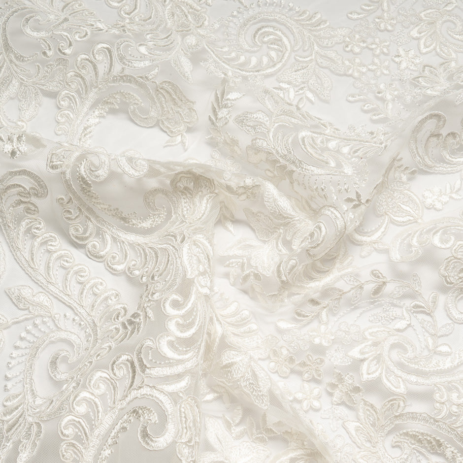 Corded Floral Embroidered Ivory Tulle