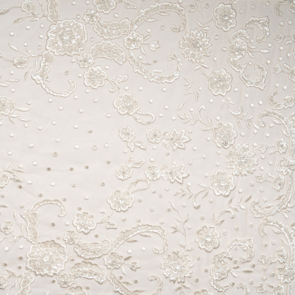 Floral Beaded & Embroidered Cream Tulle