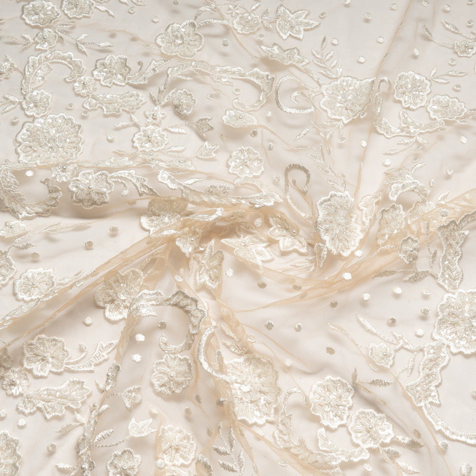 Floral Beaded & Embroidered Cream Tulle