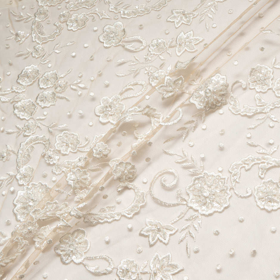 Floral Beaded & Embroidered Cream Tulle
