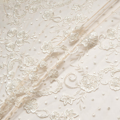 Floral Beaded & Embroidered Cream Tulle