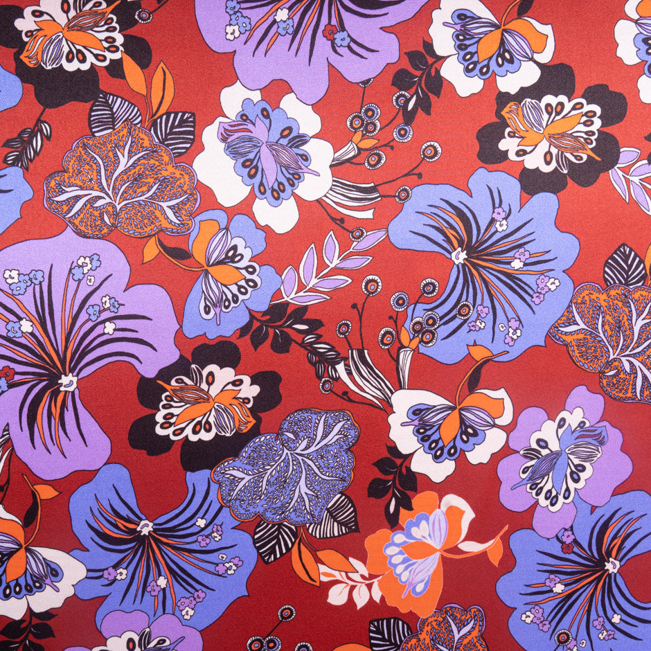 Lilac & Lavender Floral Printed Red Silk Satin