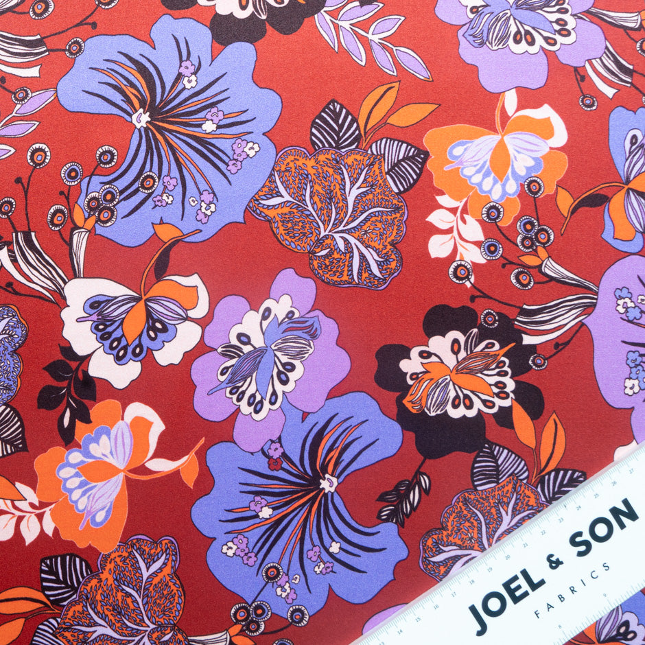 Lilac & Lavender Floral Printed Red Silk Satin