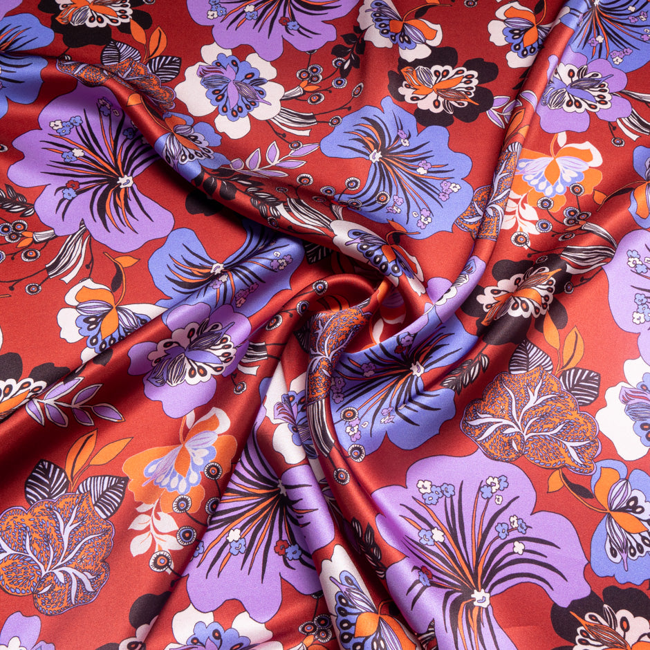 Lilac & Lavender Floral Printed Red Silk Satin
