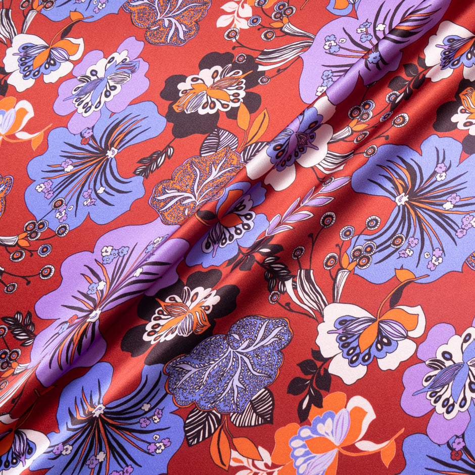 Lilac & Lavender Floral Printed Red Silk Satin