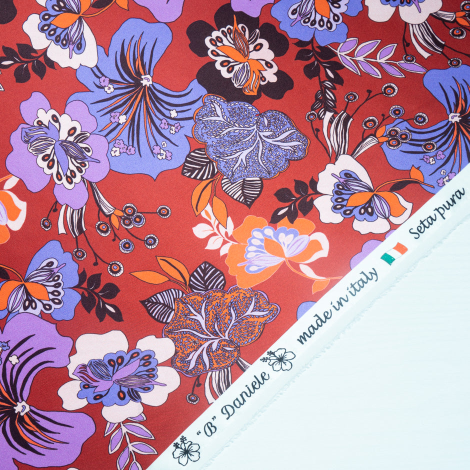 Lilac & Lavender Floral Printed Red Silk Satin