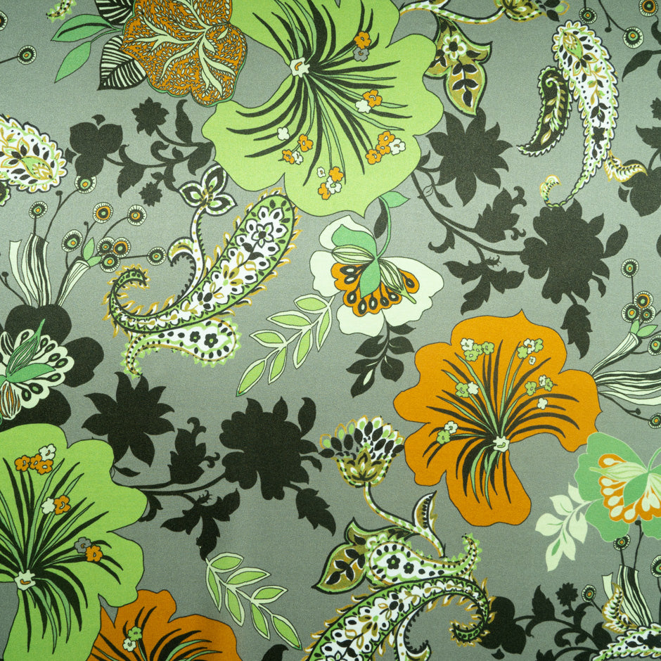 Orange & Olive Floral Printed Pure Silk Satin