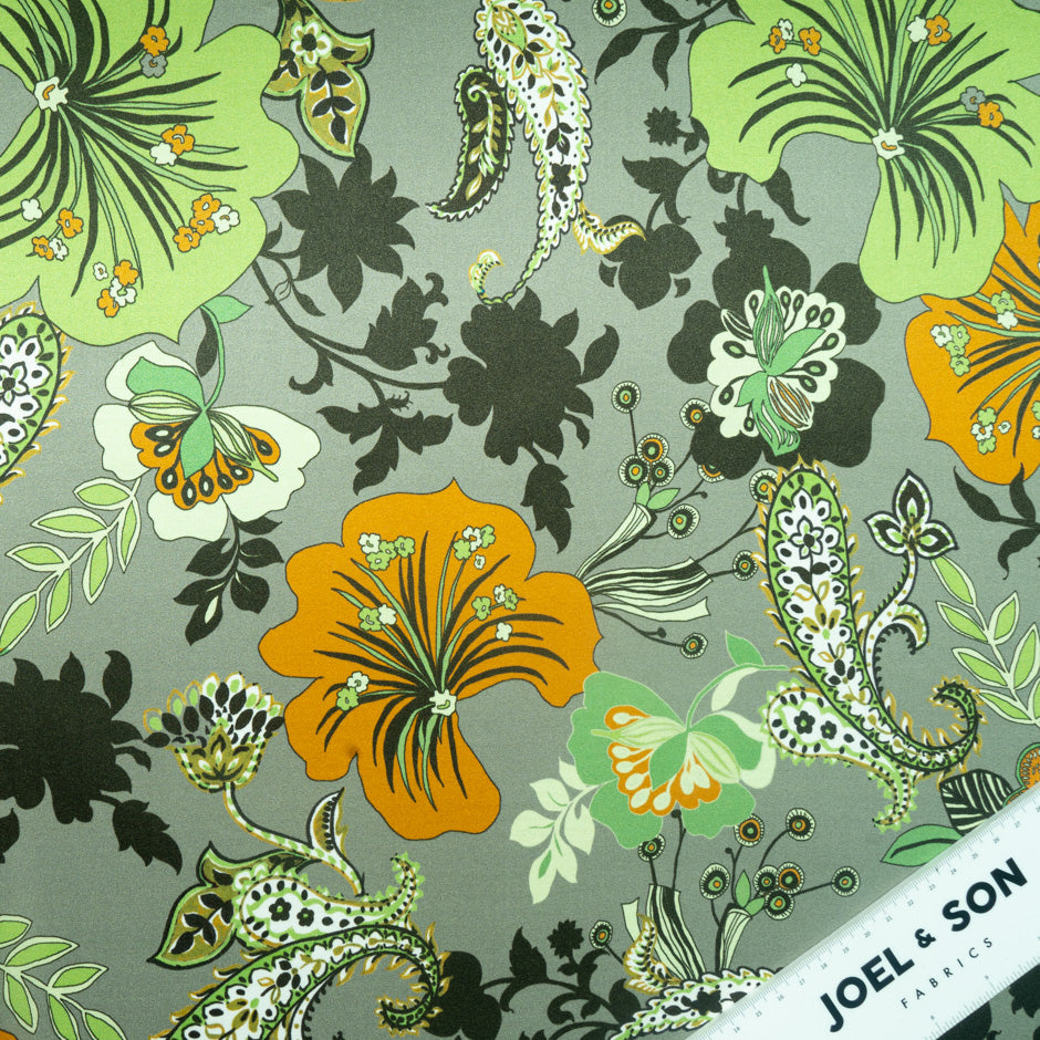 Orange & Olive Floral Printed Pure Silk Satin