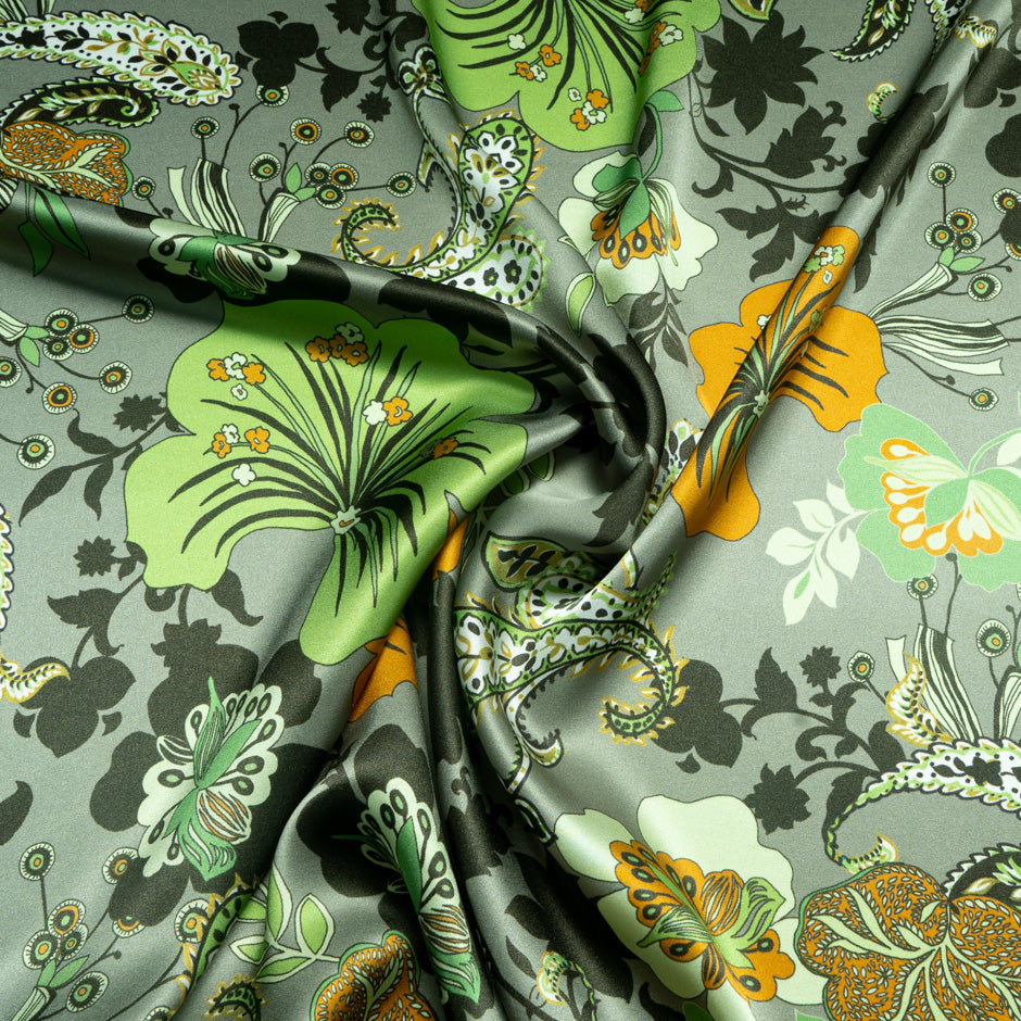 Orange & Olive Floral Printed Pure Silk Satin