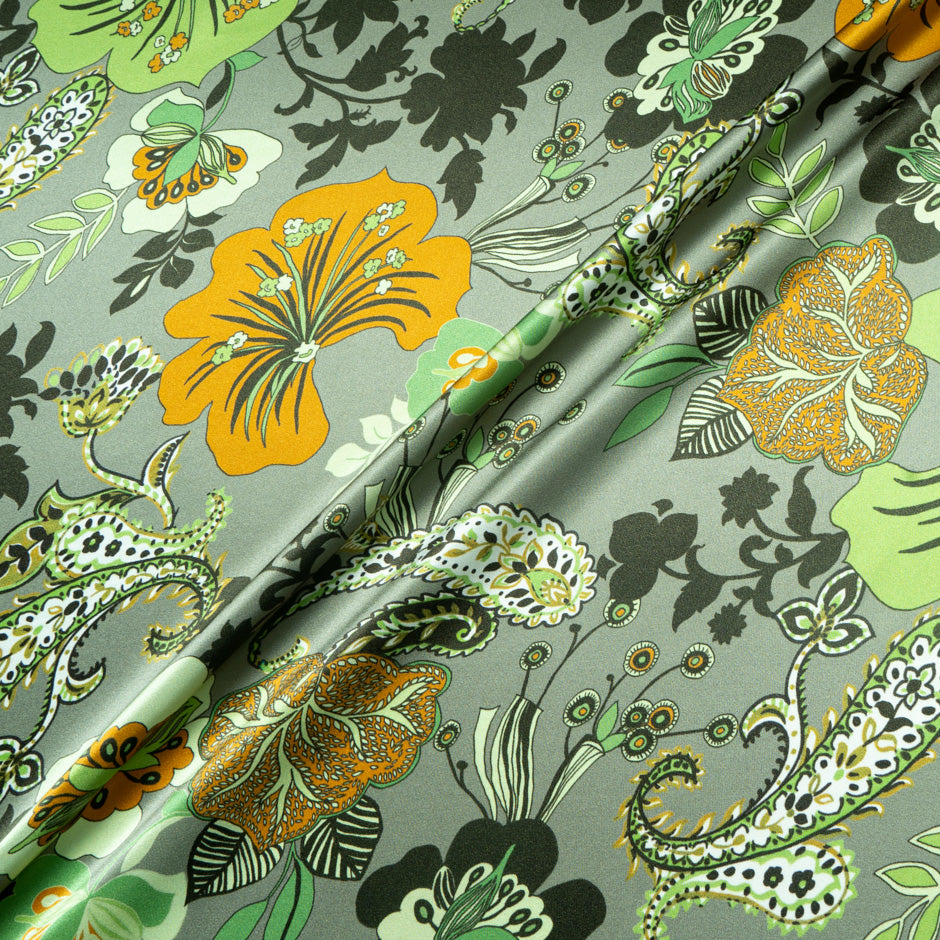 Orange & Olive Floral Printed Pure Silk Satin