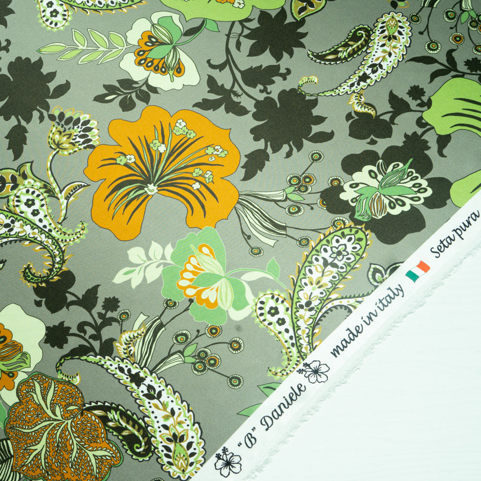 Orange & Olive Floral Printed Pure Silk Satin