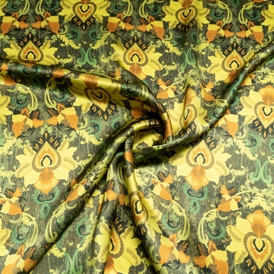 Yellow Floral Printed Pure Silk Satin