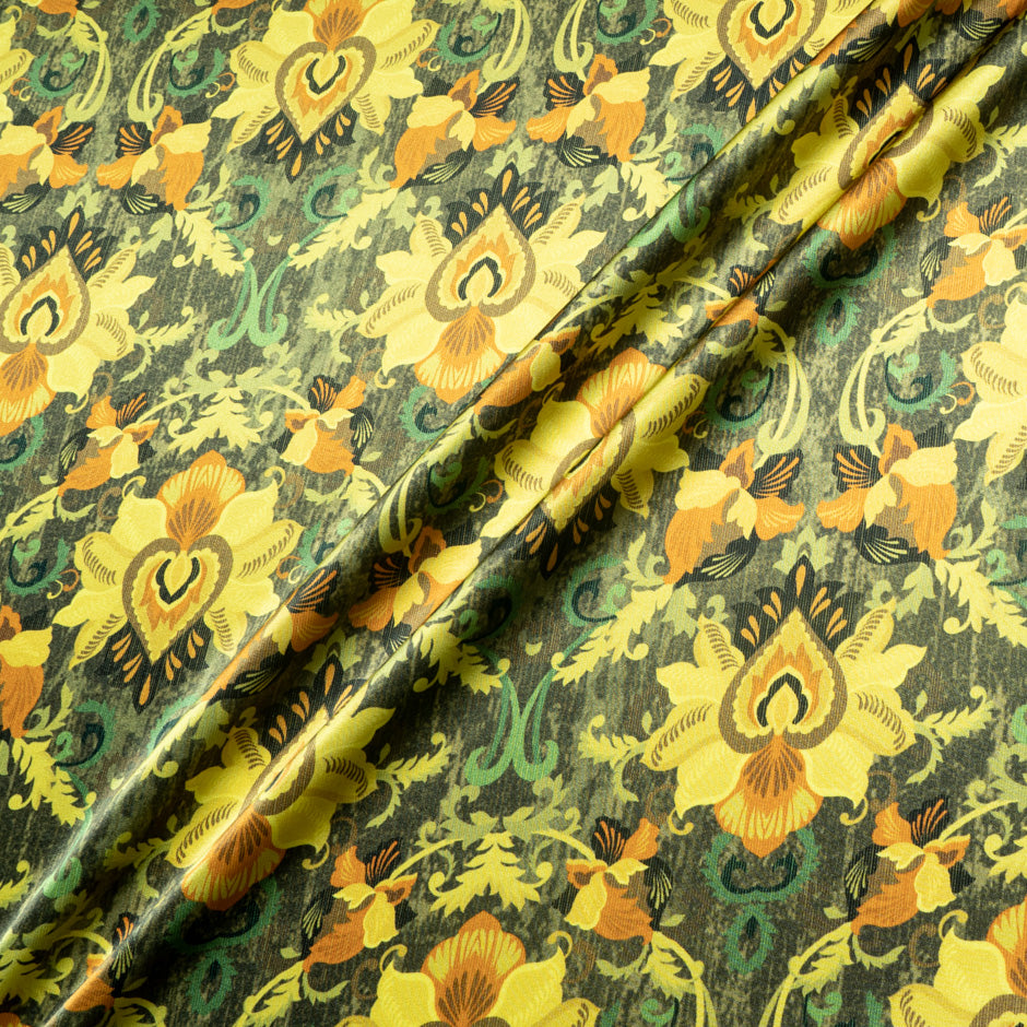 Yellow Floral Printed Pure Silk Satin