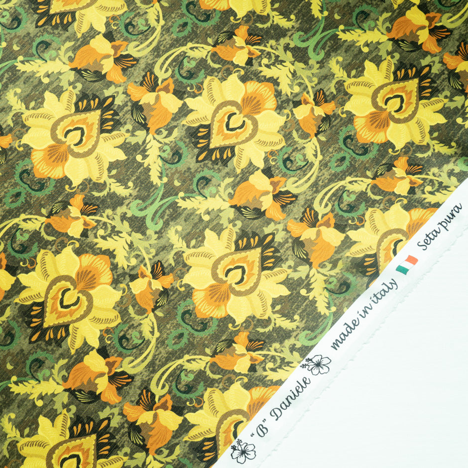 Yellow Floral Printed Pure Silk Satin