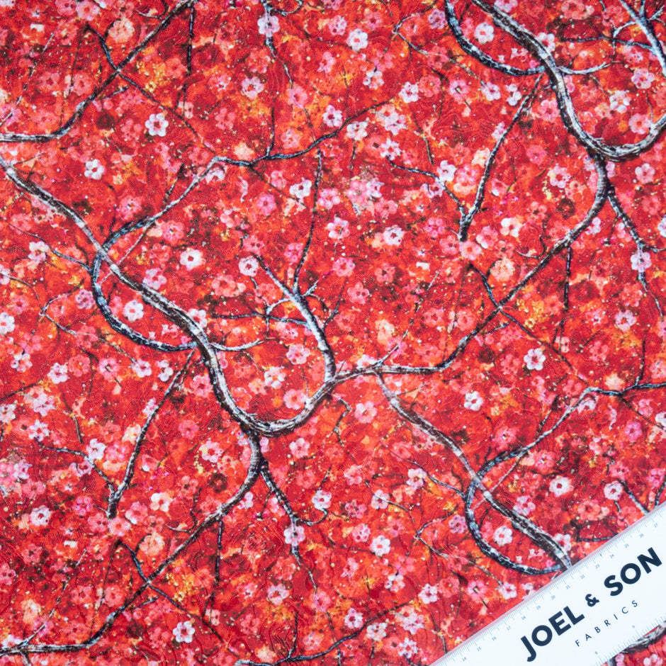 Petite Floral Printed Red Pure Silk Jacquard