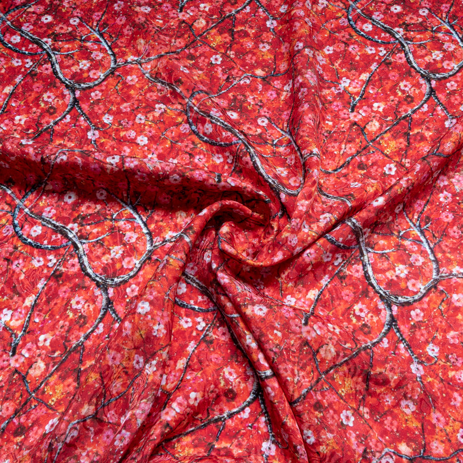 Petite Floral Printed Red Pure Silk Jacquard